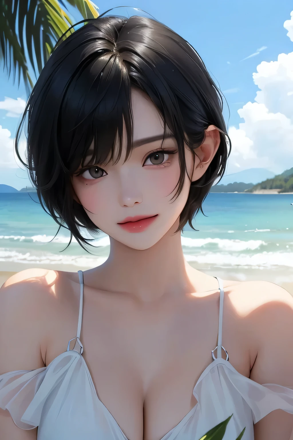 (A photo of upper body), Beautiful face, Highly detailed face and skin texture, (Detailed eyes), Brown eyes, Double eyelids, Thin eyebrows, Glitter eyeliner: 1.2, Natural cheeks, Shiny skin, Fair skin, (((with beach dress))), (Shiny lips: 1. 4), (Seductive smile), (20 years old), (Wavy hair, Diagonal bangs), ((black and blue hair)), mid hair, ((Upper body shot)), ((Focus on chest and face)), Medium large breasts, Upturned breasts.