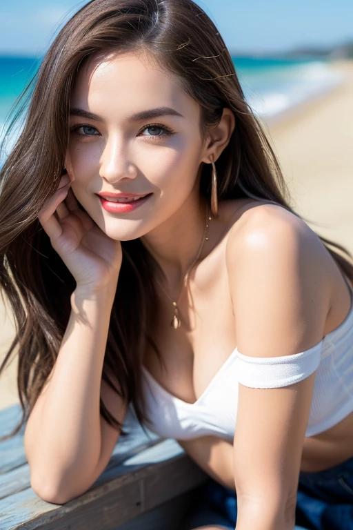 monokini one piece swimsuit, I can see the cleavage, 柔らかいbig breasts, smile, Beautiful European models, tropical beach, sunlight, 1 Girl with a beautiful face, Professional upper body photo shoot, (photo 4k:1.1) , (sharp focus:1.3), high detail, Instagram pattern pose, With confidence, slim girl, big breasts:1.3, perfect anatomy, perfect symmetry:1.3, realistic, realistic face:1.2, perfect face, content, With confidence, very detailed, and dramatic, cinematic lighting, lighting scene, soft light