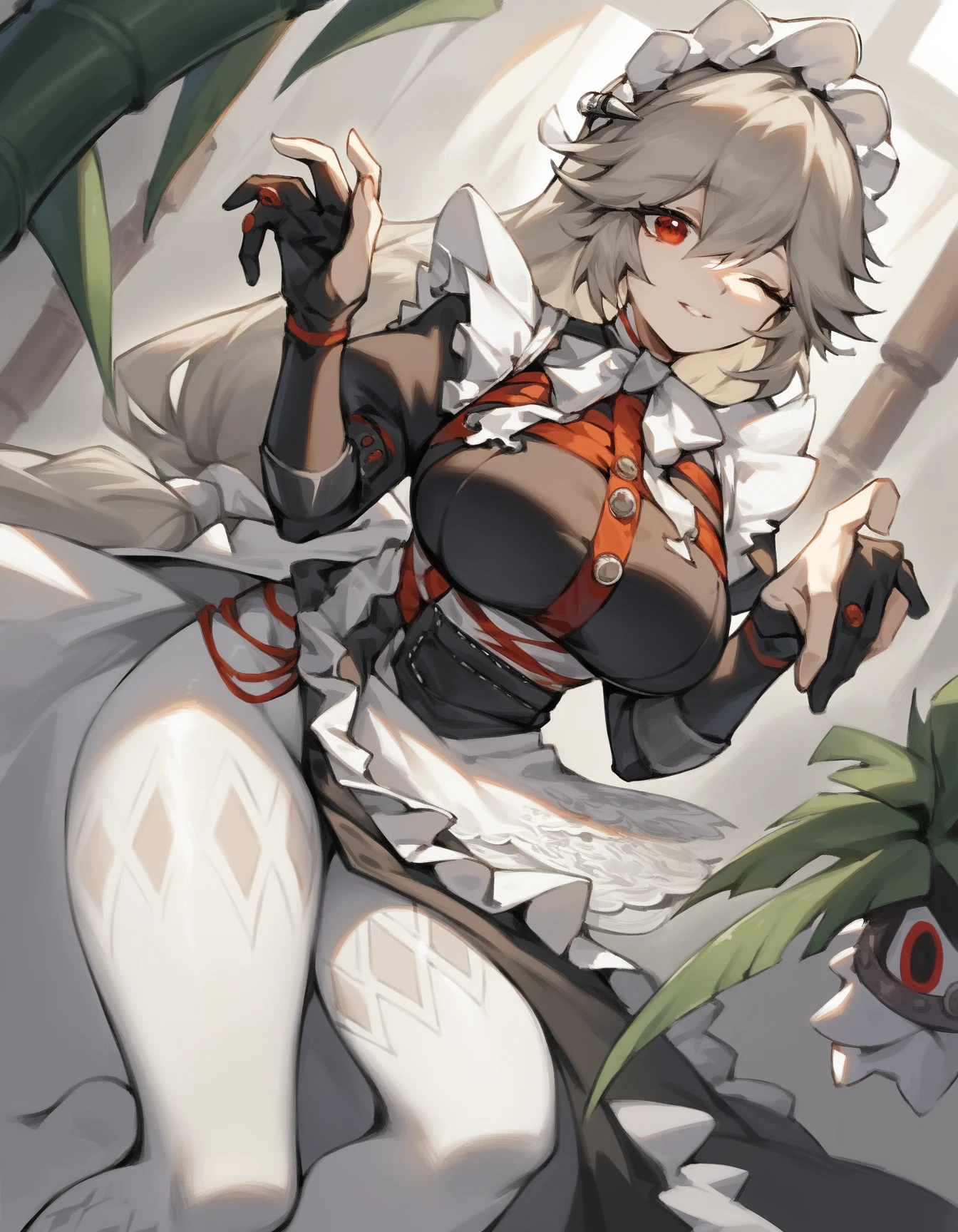 high quality, good quality, perfect quality, amazing quality, high res, masterpiece, score_9, score_8_up, score_7_up, source_anime, best quality, juniperactias, black thighhighs, black gloves::2, <lora:Shuuko:1> shuuko, lunesuit, smug, lewd pose, grinning, smirk
