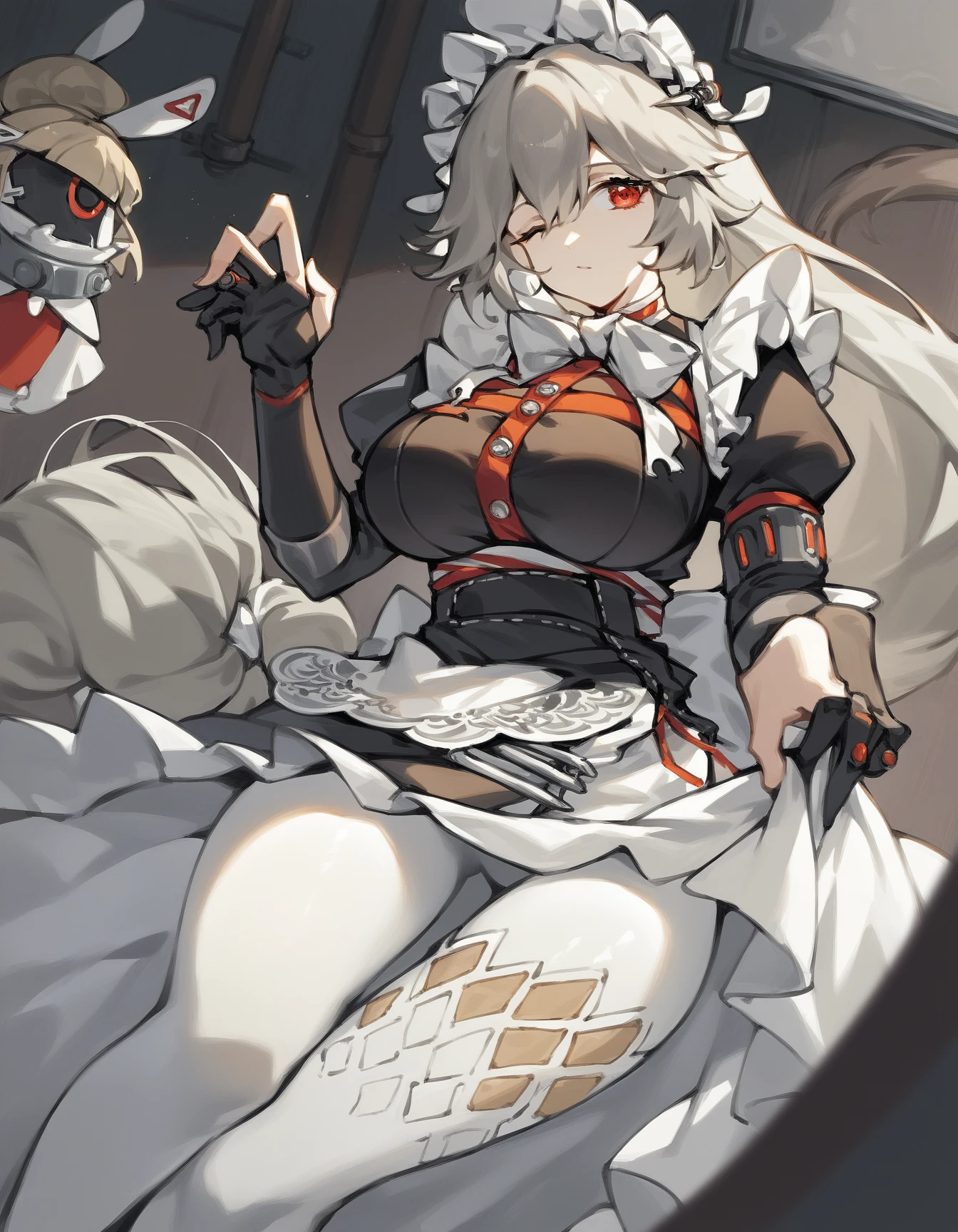 Leather bikini, horn crown, bare belly, big breasts, brown hair, red eyes, hunter, cat eyes