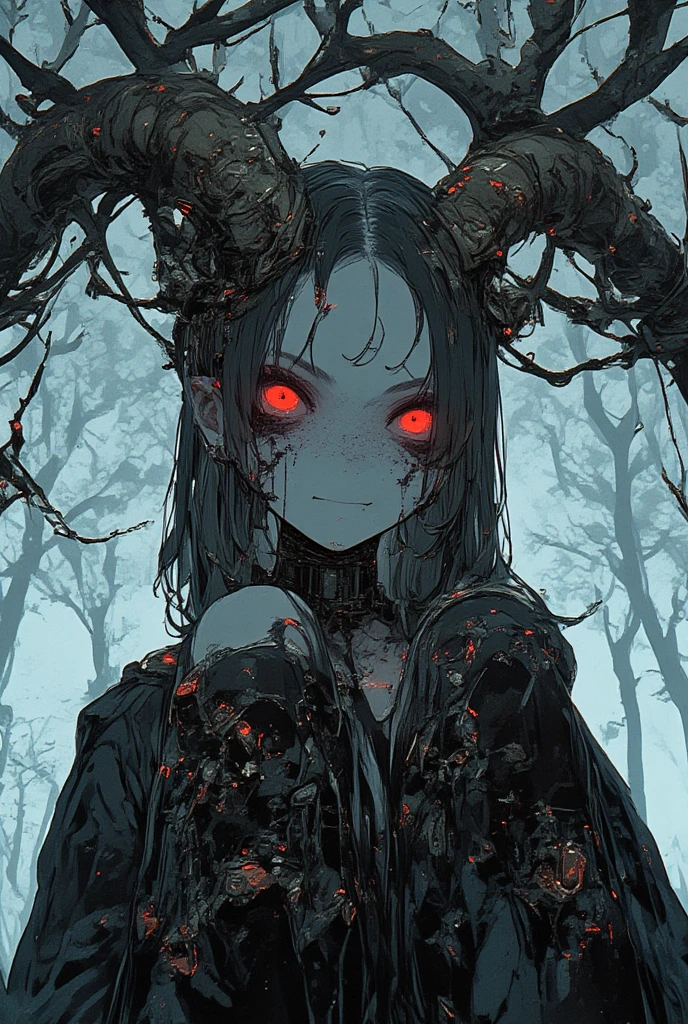 frightful, bare tree, tree, (sexy:1.1), branch, forest, teeth, plant, monster, nature, sharp teeth, glowing, solo, no humans, checkered, skull, horror \(theme\), outdoors, looking at viewer, open mouth, red eyes, skeleton, glowing eyes, palm tree, leaf, feathers, male focus, animal, vines, fangs, sky