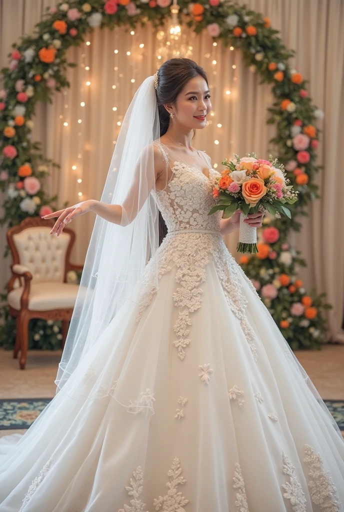 Best quality, 8k, 32k, Masterpiece, Masterpiece, (Photorealistic: 1.4), RAW photo, ultra realistic, 1girl, full body, wearing a white mermaid wedding dress, long-sleeve, floor-length style, lace fabric, Take product photos in white room with indoor decorative palm tree, look straight