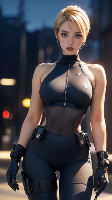 (A woman),(((Future female police officer standing))),((Black Tactical Tights:1.5)),((Camel toe:1.5)),((earphone:1.5)),((Tactical Holster:1.5)),(Gloves:1.5),(((Hands on hips:1.5))),(front:1.5),(From below:1.2),(Super short hair:1.5),(bionde:1.5),(beautiful eyes:1.3),(Very detailedな顔:1.5),((Very detailed drawing of a female hand:1.5)),((muscular:1.5)),(Sexy look:1.5),((Thick thighs:1.5)),(Beautiful Body:1.5),((Very sensual:1.5)),(The backdrop is a futuristic city:1.5),(Cyberpunk atmosphere:1.5),(((Blurred background:1.5))),(Written border depth:1.5),rest(((masterpiece:1.5),(best quality:1.5),(Very detailed:1.5),(high resolution:1.5),(Practical:1.5),(Practical:1.5),(Delicate depiction),(carefully drawn))),8k,wallpaper
