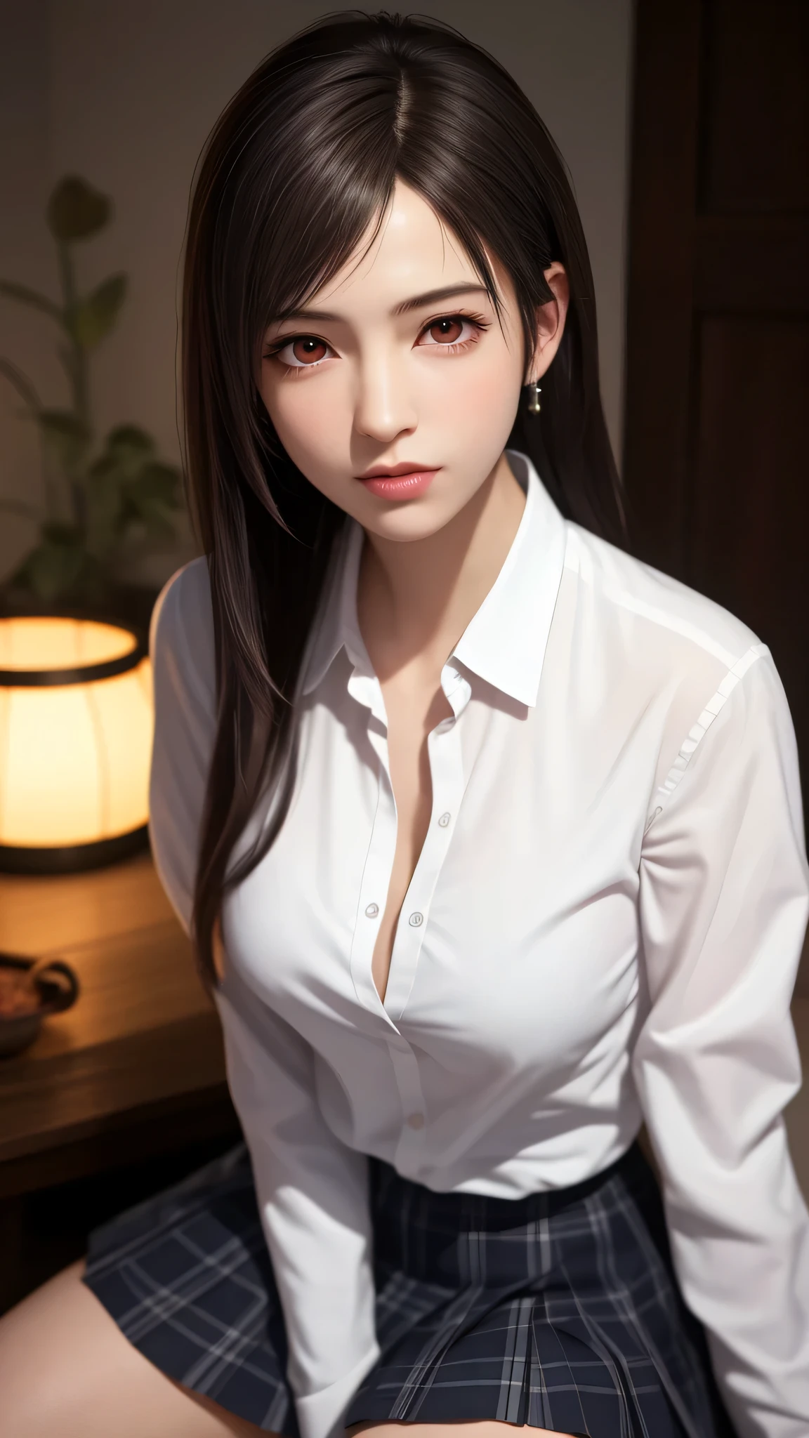 (Top Quality, Masterpiece: 1.1), (Realistic: 1.3), (location: a cozy coffee shop with warm lighting),(objects: a collection of high-end coffee equipment and freshly roasted beans), BREAK
(((FF7,Tifa_lockhart))),Ultra-detailed face, Detailed eyes,(Light Brown Hair, Large breasts: 1.0),about 18 years old,(barista:1.1), BREAK (((FF7,Tifa_lockhart))),(white see-through collared shirt, long sleeves, black cafe-apron over shirt , black trousers),(No Bra) ,(shiny oiled skin: 1.1),kawaii, Smile,(erotic pose:1.3,nogizaka idol)