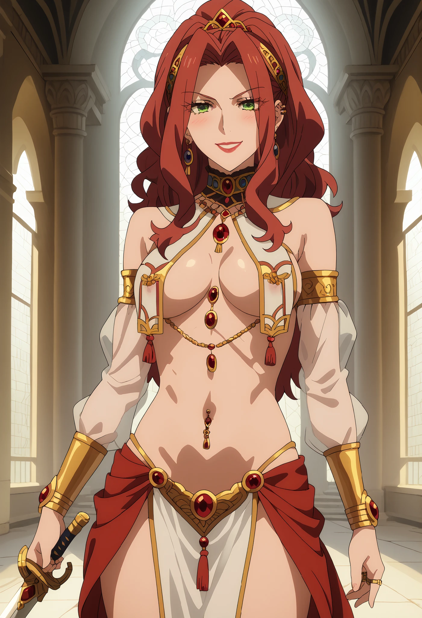 Malty Melromarc (The Rising of the Shiel) beautiful body,athletic body, beautiful breasts, bracelets,ring,braceletes,collar,tiara,visible private parts , ultra detailed image, anime image ,girl, anime malty, medium Breasts, excitement, red hair, green eyes , ear piercing, long hair, blush, lipstick,Hot girl, baddie, sensual, attractive ,jewelry, earrings, large breasts, long hair, black eyesharem outfit, tassel, silk, gloves, golden belly chain, golden jewelry, gem, red gemstone, transparent pelvic curtain, breast curtains, revealing clothes, arabian clothes, detached sleeves, long sleeves, covered nipples, see-through, clothing cutout, cleavage, bare shoulders, cleavage, navel, skinny, elegant makeup, castle,inside castle, masterpiece, best quality, highly detailed ,gold_choker, complex detailed background, inside, holding a sword, sword,harem_outfit,navel, necklace, pelvic_curtain,revealing_clothes, veil, masterpiece,best quality,mature,evil smile ,necklace,pendant, (nsfw) not safe for work, exposed belly, exposed navel, midriff, exposed lower belly, ,cleavage, navel , navel piercing , european architecture,, palace,,, medium large breasts, dragon tattoo on waist, narrowed eyes, tattoo on waist, anipai_style , anime screencap , anime coloring, v-shape eyebrows,,