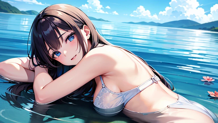 Anime girl lying on a dock in a bikini and panties, em um lago, wallpaper anime blue water, arte de anime digital detalhada, Papel de parede anime 4k, Realistic bikini, papel de parede anime ultra hd, estilo anime 4K, [ Arte digital 4K ]!!, por Yang J, 4 k manga wallpaper, Makoto Shinkai e Artgerm, menina anime sedutora