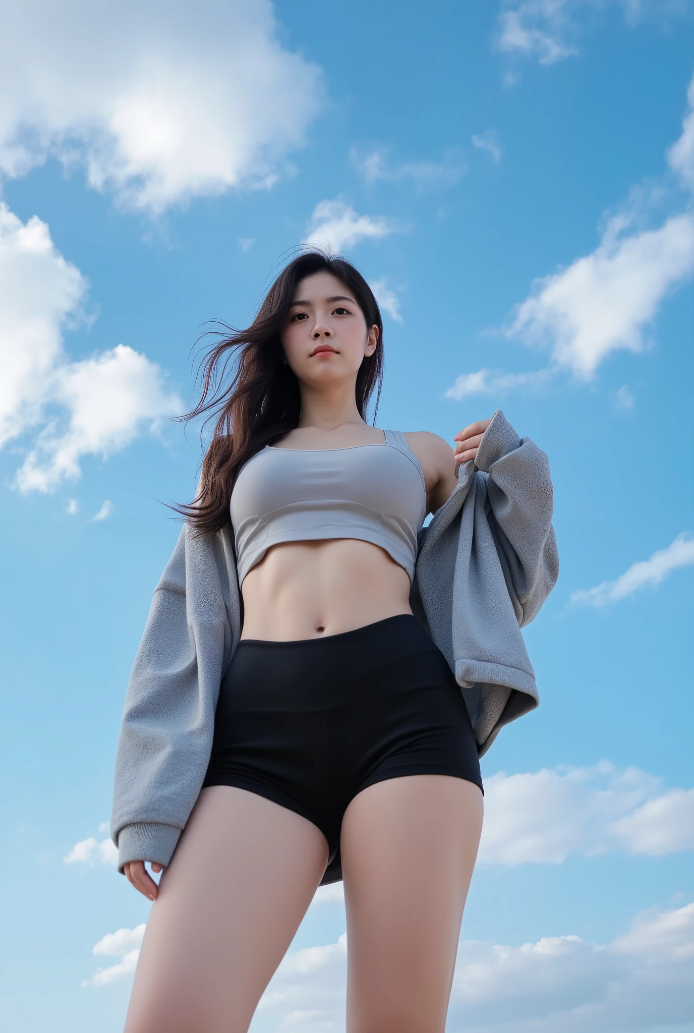 Fat Woman、Japanese face、thick waist、Big belly、Wearing a white sweater、Wearing white panties、chest is covered、stomach is covered、outside the blue sky