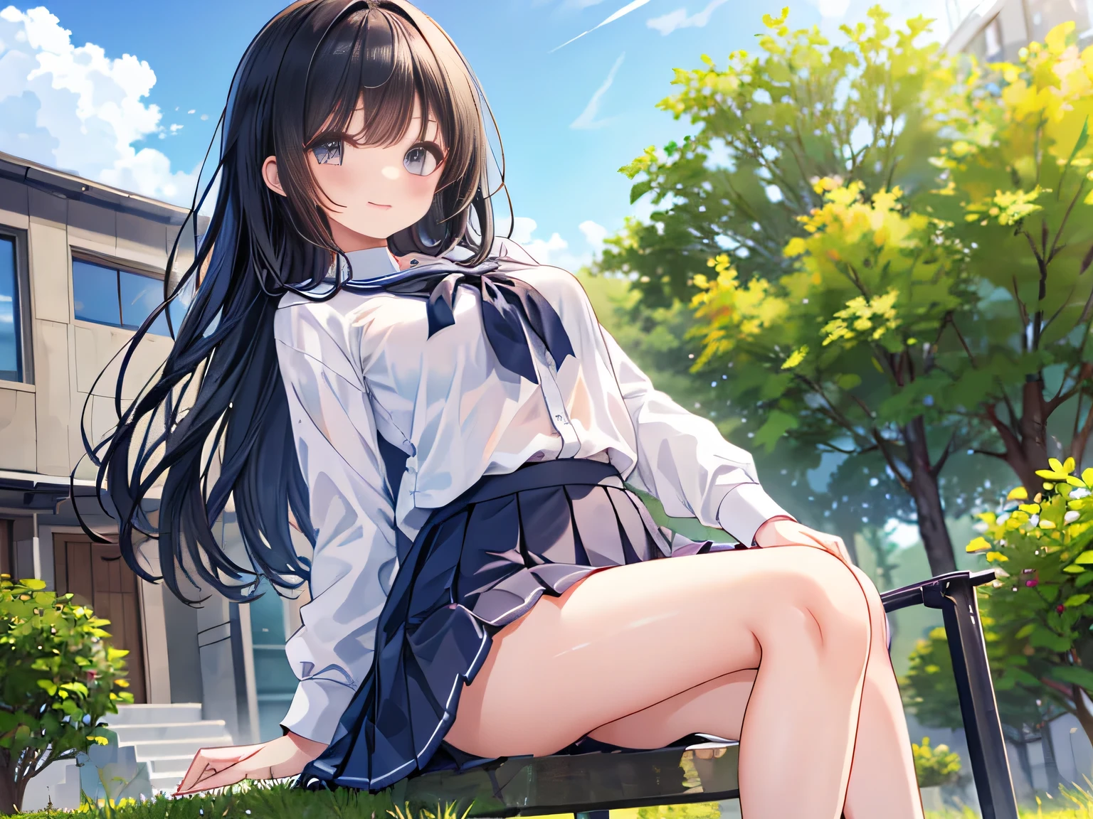  Masterpiece, best quality, ultra high quality, highres, wallpaper 8k, 1girl, solo, long hair, black hair, Bangs, blue eyes, school uniform, sitting, garden background,