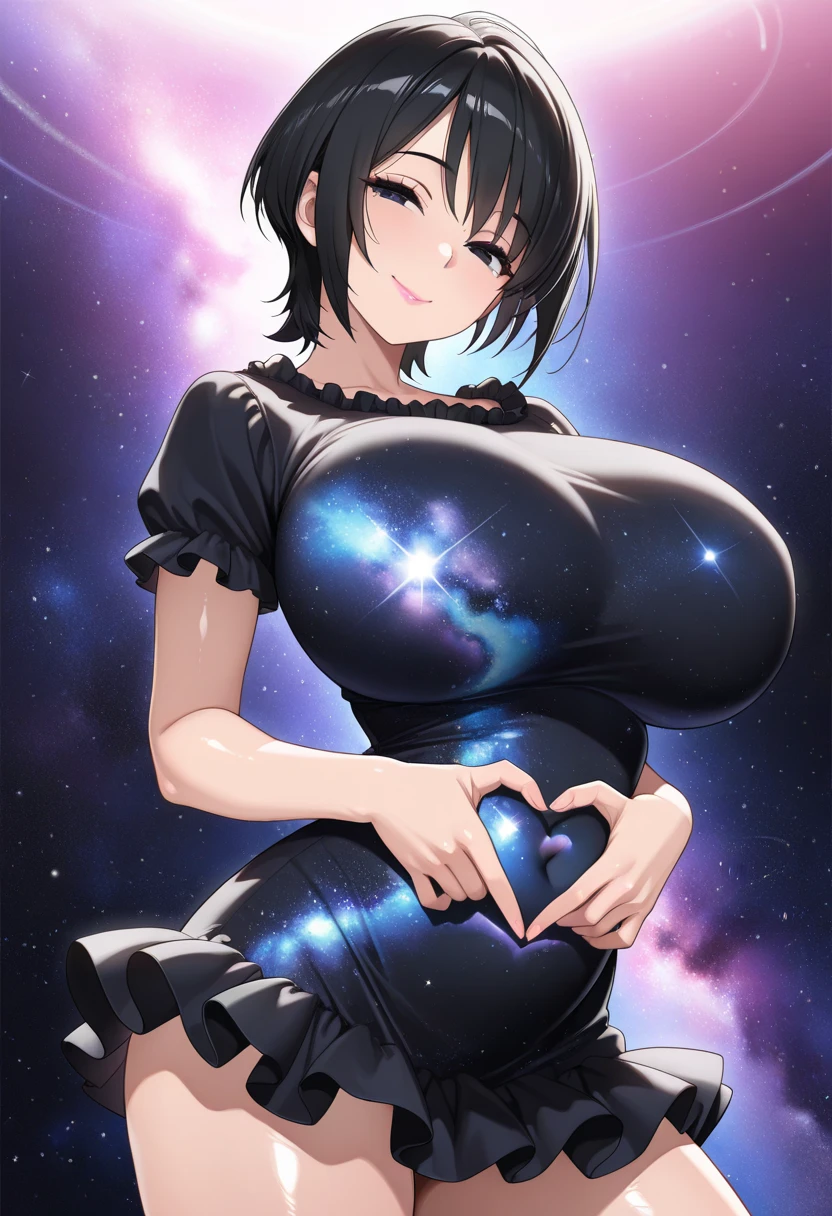 (Perfect body),Best Quality,16 K、((NSFW))、blush、(((:D)))、Surprised、One eye is closed、embarrassed from,((Short hair))、((Pigtails))、(((Blue eyes))),((Dark purple hair)),(Sweat)、(Black-rimmed glasses)、White Dress、Black jacket、Gold decoration、(((White panty)))、(Blackknee Socks)、((Big ass))、(((((Big breasts)))))、(((thick thighs)))、((Hands behind the head))、(Armpits)、cosmic space