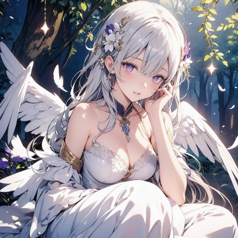(masterpiece, top-quality, Ultra high definition image quality、1girl in, white hair, angelicales, Innocent), Pink detailed eyes, 大きくて美しいangelicalesの羽, full body Esbian, Arms behind, mid air, The halo, the woods, Healthy smile、Mysterious Beauty、Beauty that captivates the heart、美しい神のangelicales、