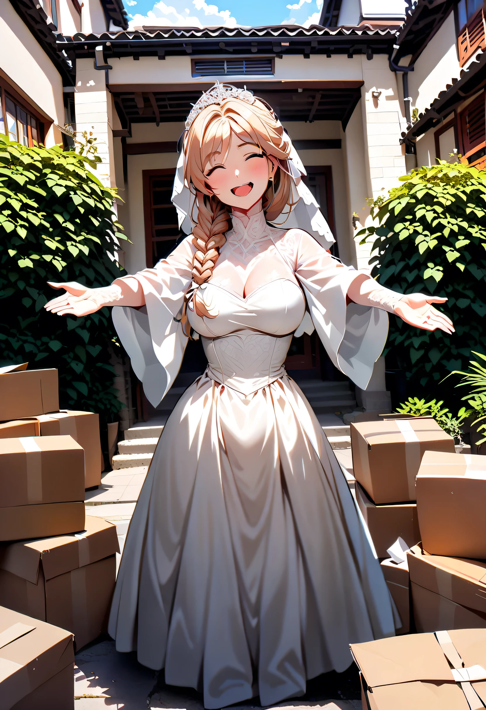 score_9_up,score_8_up,score_7_up,score_6_up,score_5_up,score_4_up,(((1 girl))),(((solo))),(pekomama),(((milf))), thick eyebrows, droopy eyes, long hair,braided ponytail,wedding dress ,(((mature female))),(((closed eyes))),open mouth,big smile,(((standing ))),(((open arms for viewer))) ,at noon,entrance ,out of house,moving home,a lot of cardboard boxes,