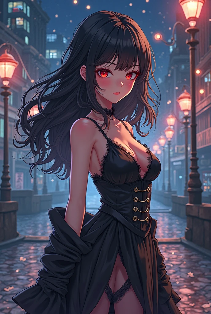 (Two Braided twintails, black hair, pink eyes:1.3), masterpiece,1girl, solo, (masterpiece:1.3), (best quality:1.2), very aesthetic, (ultra high resolution:1.2), (extremely details:1.2), (intricate detailed:1.3), distinct artwork, (realistic:1.1), beautiful artwork, 3D, depth of field, solo, detailed kawaii face, detailed beautiful eyes, detailed beautiful skin, large breasts, thick thighs, breast curtains, black bodysuit, cross-laced clothes, shibari, wide sleeves, fishnets, pink flower, black gloves, outdoors, steampunk cityscape, decadent city, night,