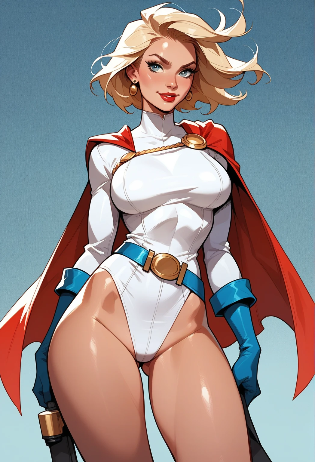 Cinematic. (((A comic style, cartoon art))). Emma Frost Posing for photo (((in epic heroic pose))) , wearing his iconic white X-Men uniform, Showing the belly, , ((Wearing white pants and cape)) . (((Hot Body, camel toes))). ((((Abstract Comic background )))) , vivid colors, detailed, detailed face, realistic shadows and bright, glowing.