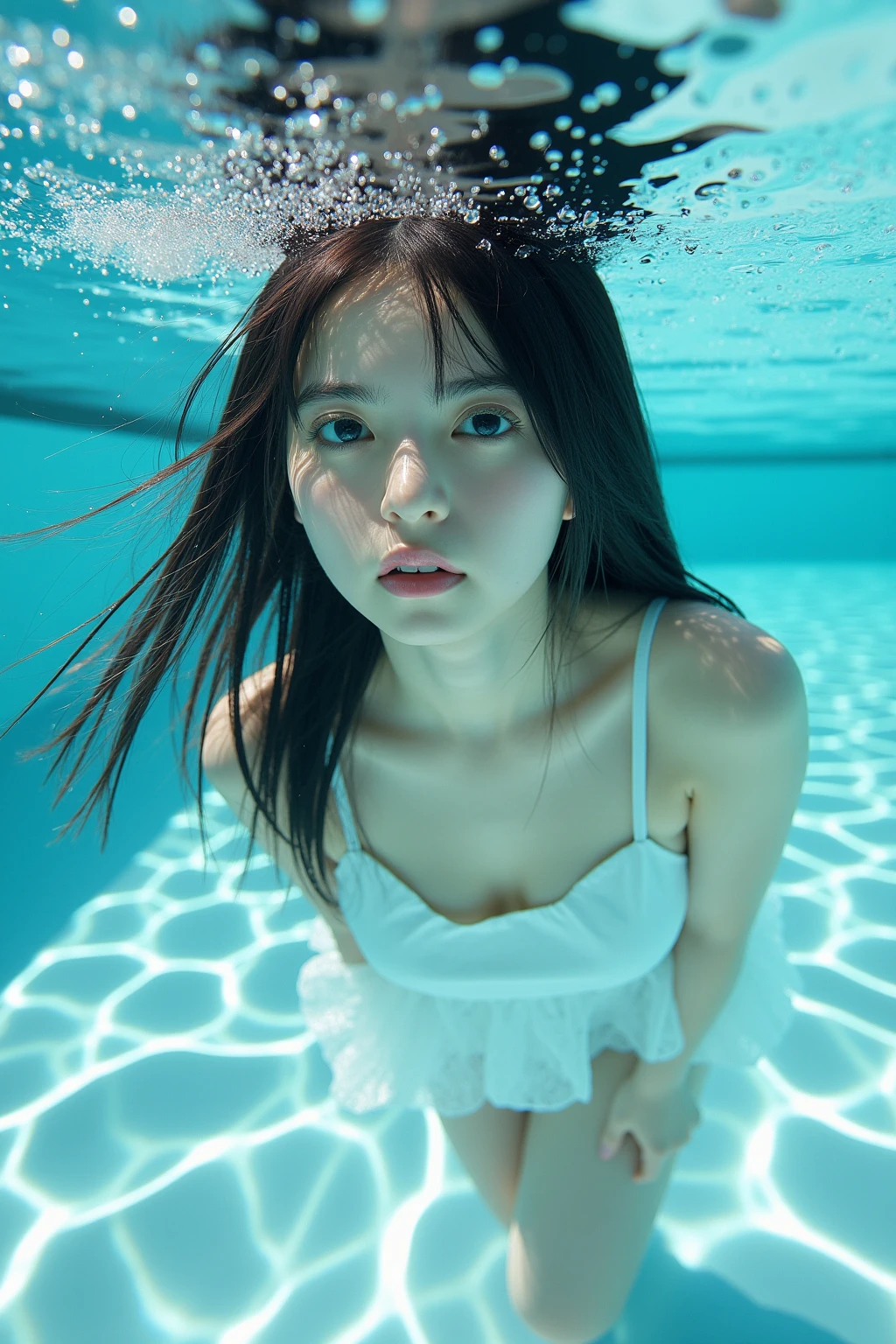 (Name: Reina Walker), Pretty 1.2, Beautiful Perfect Eyes 1.2, Wearing White Clothes and Tight Blue Lines, Being in an Underwater Base, 25 Year Old, Japanese American.