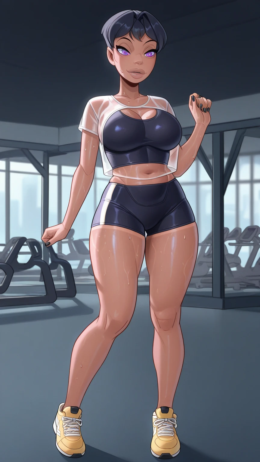 masterpiece, best quality, highres, (bloom:1.1), sidelighting, shadow, lighting, 3d, 
1girl, samus aran, metroid, full body,
on treadmill, treadmill, walking, flying sweatdrops, bouncing , clenched hands, watson cross, 
looking to the side, half-closed eyes, parted lips, blush, heavy breathing, outstretched hands, hand up,
mole under mouth, blue eyes, blonde hair, long hair, ponytail, thick lips, puckered lips,
sneakers, black sports bra, short shorts, black shorts, 
curvy, , ,  slip, covered , shiny skin, wet, sweat, cleavage, shiny face, (cellulite:0.6), freckles, body freckles, 
indoors, spacecraft interior,
 <lora:3DStyle NoobAIXL Epsilon V2 noActTag 0.75:1> 5 fingers