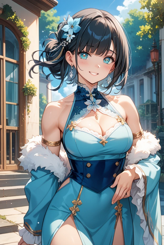 Browsing Caution,(Highest quality, 8k, masterpiece:1.3,beautiful girl), (Very detailed)Glowing Skin,(((Long Hair,ponytail,Blue Ribbon,Beautiful Hair))),(Perfect Anatomy, Anatomically correct, Very detailed肌),((Golden Eyes,Drooping eyebrows,I narrowed my eyes a little.)),((Perfect Fingers,Five Fingers)), Baby Face, Mole under the eye,Double teeth,Big Breasts,Big Ass,high school girl,uniform,Moles around the mouth,smile