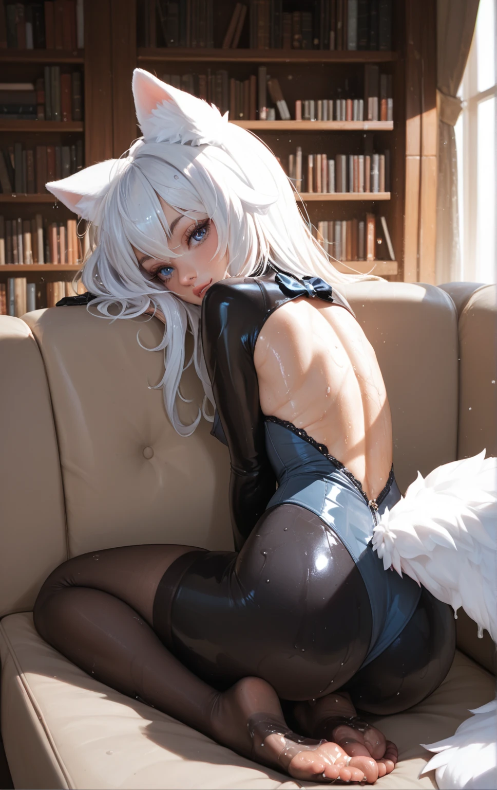 (extremely detailed background) (best quality), (highest quality), (masterpiece),1girl,adult woman anime in a black outfit in front of a window, open window, fine details, oppai, azur lane, adult woman seductive anime, cushart krenz key art female, girls frontline universe, azur lane style, alone, fox ears and fox tail, big ass,fox tail, fox ear, big tits, thick thighs, seductive smile, beautifully detailed eyes, extremely detailed clothes,mature, exposed chest, breasts out, white hair, extremely detailed face, extremely detailed body, detailed texture, big ass, highres, partially ?????, looking at the viewer, nsfw, tight black bikini, open legs, solo, solo focus, brown eyes, semi ?????, open mouth, 8k,