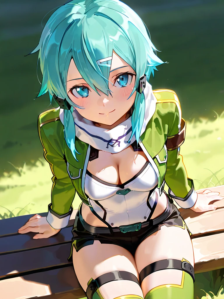 1 girl, 16 years old, mecha headgear, short hair, green hair, blue eyes, small breasts, red tank top, demin shorts, elbow gloves, cute girl, smiling, realistic, red shoes, in the park, full body in frame, sitting in a bench, beautiful girl