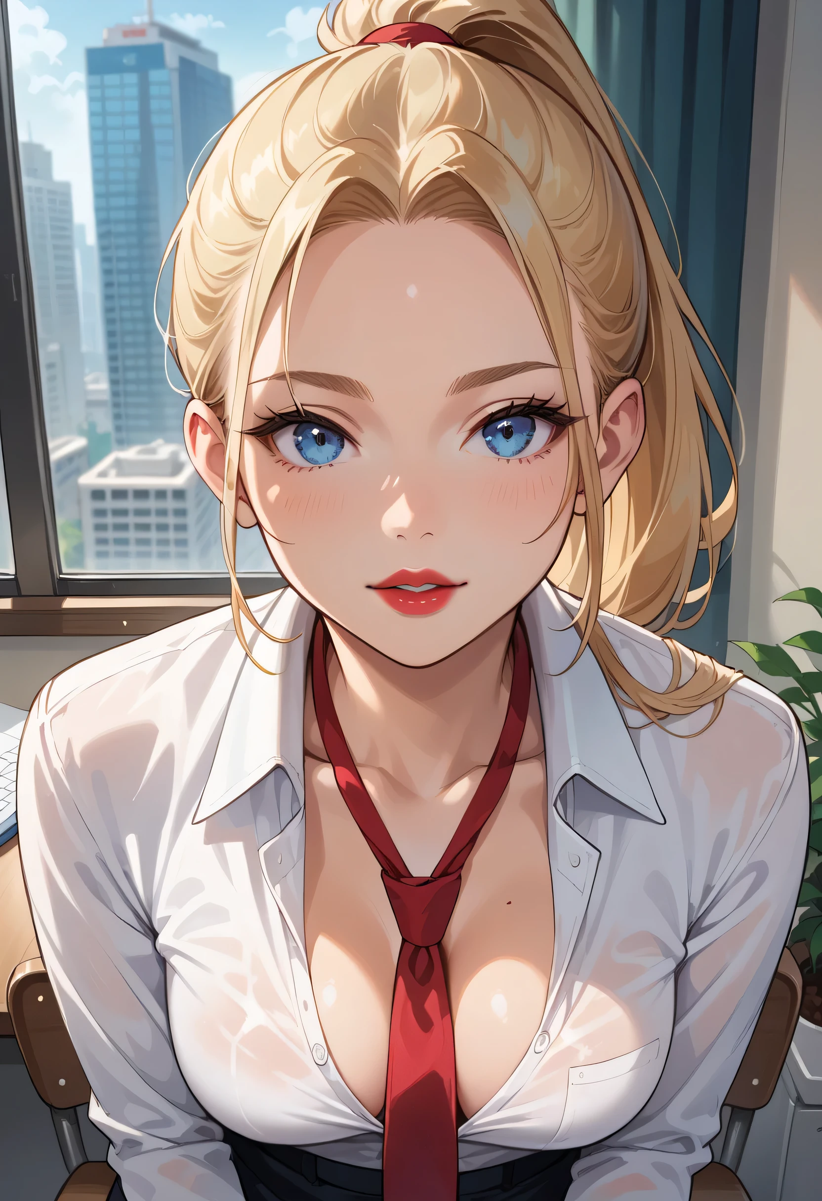 (masterpiece, best quality, ultra-detailed, highres, best illustration), perfect face, sidelighting, lustrous skin, (shine), ray tracing, 1girl, white skin (adult) female, solo, office background, elegant office worker, looking at viewer, big breast, cleavage, blue eyes, long blonde hair, (side-swept bangs), wearing light blue blazer, graceful expression, depth_of_field, very detailed background, beautiful detailed eyes, perfect lighting , perfect anatomy, (extremely detailed illustrated 8k), vivid colors, extreme light and shadow, shine, dynamic angle