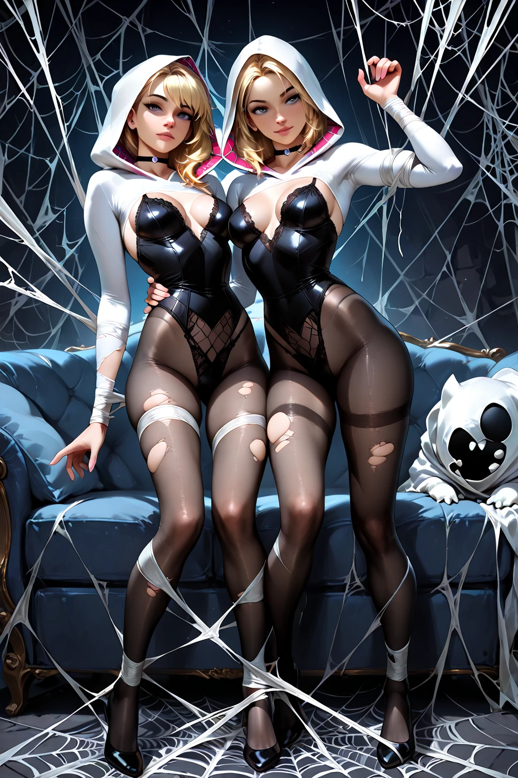 a woman in a tight web bondage, cocooned, struggle in the web, red gag