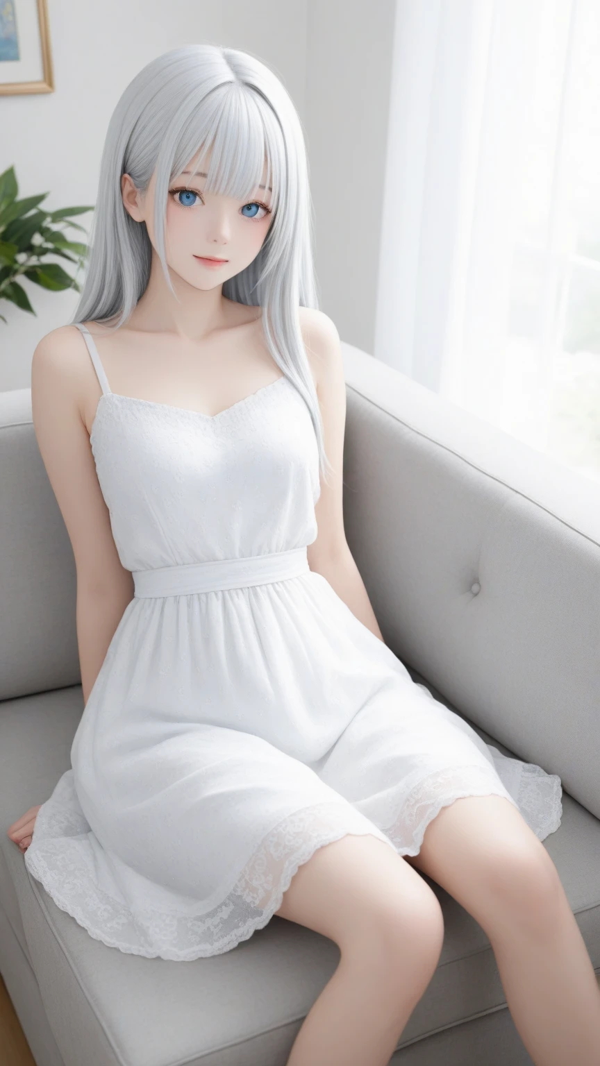 Astringent,A female character,Has an alluring expression,Long-legged white stockings,White hair,Ethereal beauty,,Beautiful anime girl sitting on bed,There are water stains on the white stockings,The face shape is petite and cute,Wearing a white one-piece thin coat,Rich background, Like a girl who loves the dimension,Long white stockings have water stains,Large chest,beautiful fantasy art,Beautiful character painting,White stockings are addictive,No panties,The large breasts outline a little groove,Right side