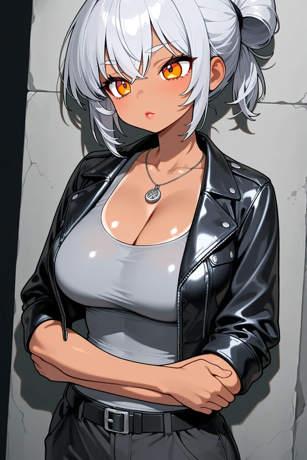best quality, Ultra-high resolution, (Realistic:1.4), 1 girl, Loose Oversized Black Jacket, White Sports Bra, (yoga pants:1), (Large Breasts:1.2), L looks at the audience, Smile, Foote Body, street, Urban, cosmetic, Wide Angle,