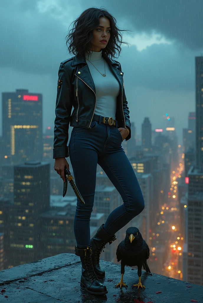 beautiful black woman wearing a leather jacket and leather pants, adventurer thief, full body shot, black skin, high heels, boots, black hair, high cheekbones, ((fantasy rouge)), tavern background, 1girl, short hair