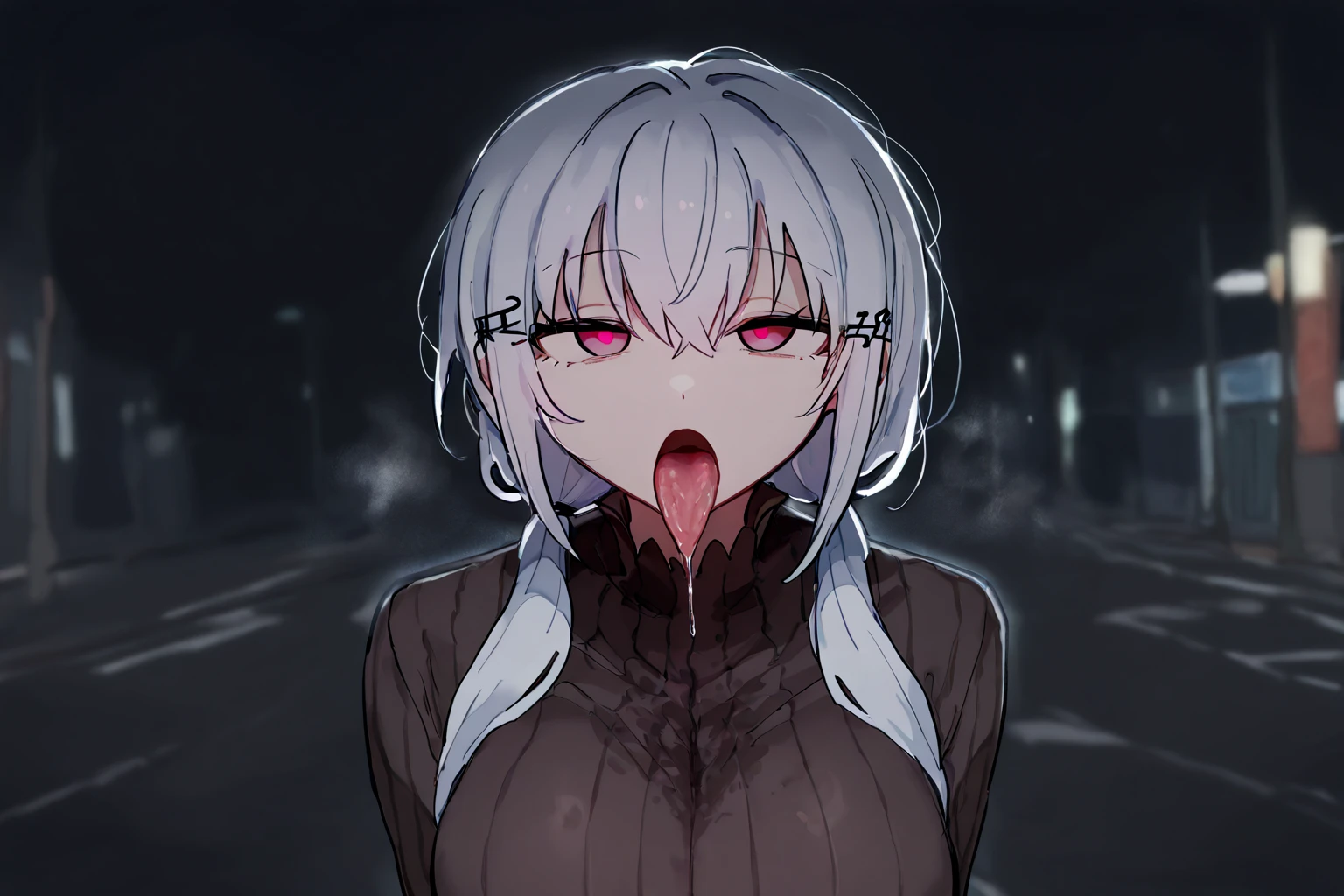 (hair over one eye)、messy hair、(())、(rolling eyes, tongue:1.3),tear:0.5、頬を赤らめる、sweat、saliva、face forces