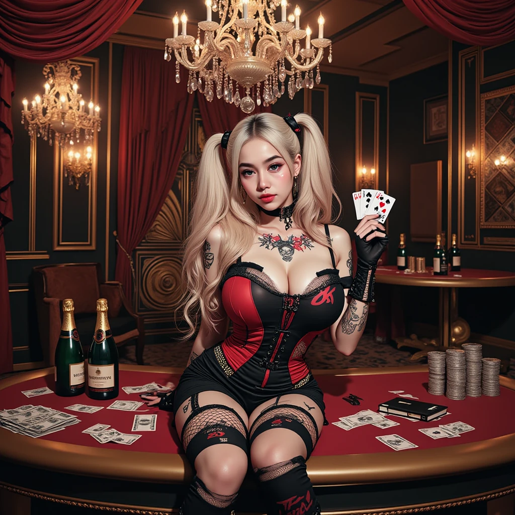 "(exquisitely detailed CG unity 8k wallpaper, masterpiece-quality with stunning realism), (best illumination, best shadow), (best quality), (elegant style:1.2), Arti modern anime. angled view, heroic pose, midshot, (cel-shading style:1.3), centered image, ultra detailed closeup portrait of Mad Moxxi from Borderlands, posing, (face closeup:1.3) (full body), (foreshortening effect:1) (tetradic colors), inkpunk, (ink lines:1.1), strong outlines, art by MSchiffer, bold traces, unframed, high contrast, (cel-shaded:1.1), vector, 32k resolution, best quality, flat colors, flat lights full zoom, action portrait, photorealistic. cinematic lighting, highly detailed. best quality, 4k, (Better hand:1),perfect anatomy, leaning forward, foreshortening effects, coy flirty sexy expression, foreshortening effect, (piercing eyes:1), surrounded by an ominous and dark atmosphere, accentuated by dramatic and striking lighting, imbued with a sense of surreal fantasy". (mature:0.5) (sitting on a pile of gold coins:1.2) vibrant colours, (small mini red velvet top hat with a blue and yellow feather:1.3), (white face makeup with pink cheek makeup:1.3) (gold coins:1.3) (gold coins scattered:1) (sexy sultry flirty expression:1) (white high heel boots:1) (elegantly crossing legs sitting:1) (red corset:1) (in a casino:1.3) (casino tables:1) (neon signs:1) (smiling:1) (happy:1), mad moxxi, masterpiece, best quality, 1girl, jewelry, breast tattoo, weapon, makeup, hat, card, tattoo, lipstick, belt, earrings, fingerless gloves, gun, red lips, top hat, holster, thighhighs, solo, leotard, striped, bare shoulders, large breasts, bracelet, spikes, looking at viewer, blurry, collar, spiked collar, heart, fishnets, mole, cleavage, showgirl skirt, swept bangs, thigh strap, strapless, playing card, heart tattoo, indoors, black hair, neon lights, feathers, handgun, strapless leotard, spiked bracelet, buckle, eyelashes, depth of field, bangs, eyeshadow, thigh holster, lipstick mark, blur background