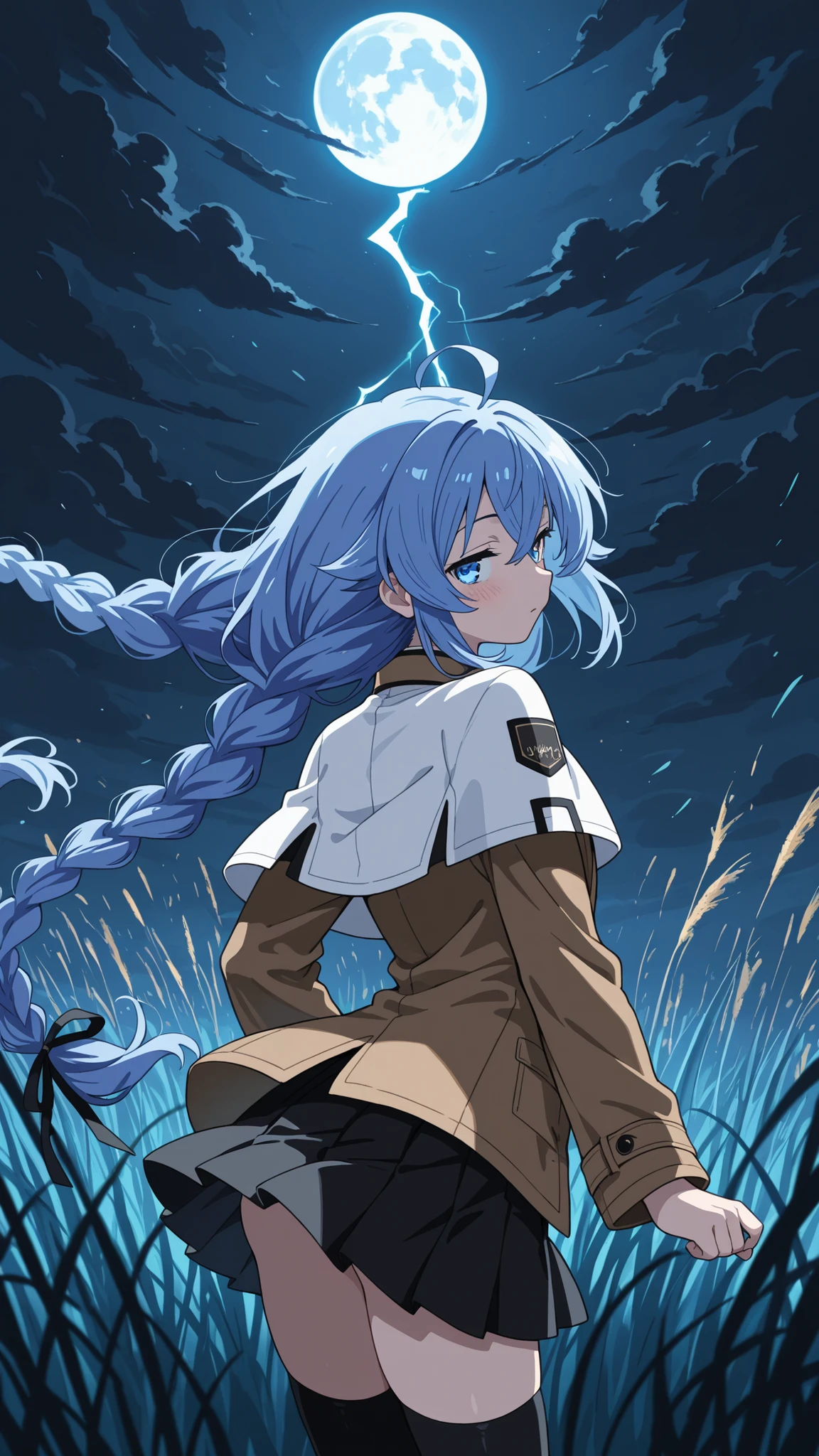 BREAK (masterpiece:1.2), best quality, high resolution, unity 8k wallpaper, (illustration:0.8), (beautiful detailed eyes:1.6),wide open field under a massive glowing full moon, dark swirling storm clouds in the sky, tall grass bending in strong wind, tension in the atmosphere, distant lightning behind clouds, dramatic and surreal lighting, high contrast shadows, cinematic scenery,roxy, ahoge, black ribbon, blue eyes, blue hair, braid, hair between eyes, hair ribbon, long hair, twin braids, very long hair,,black legwear, black skirt, capelet, jacket, brown jacket, long sleeves, miniskirt, open clothes, open jacket, pleated skirt, skirt, white capelet, white footwear, white jacket,,blush, seductive expression,floating hair,looking at viewer,cowboy shot,sexy pose,from behind,back photo,arched back,from above