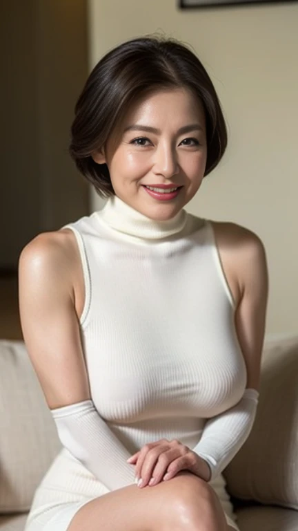 japanese mature, (alone), 60 years old, (wrinkles around the eyes:1.2), big breasts, mature woman, Glamour, Sexy, pure white skin, looking at the viewer、super big breasts、Wearing a sleeveless turtleneck knit、Tight Fit Knitted Dresses、Muchimuchi、black pantyhose、high heels、smile、Public place、crossed legs、panties exposed.full nude