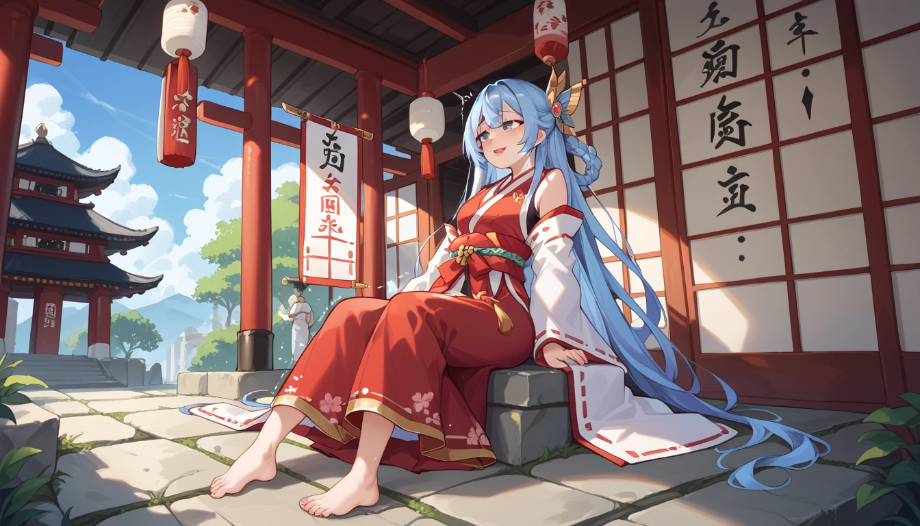 masterpiece, Best quality, One girl, Blue eyes, Long hair, White hair, Seated, Red kimono, Big breasts, Light smile, Back arms, Nature, Hair ornament, Animal ears, Bridge,