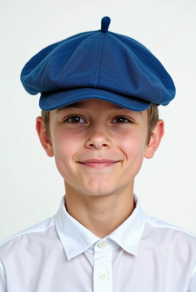 A happy cute boy standing short hair with dark blue cap , wearing a blue shirt , , White background, barnet, tom, Pixar-style, ......3d, Cartoon s, face detailed, asymmetrical 16k