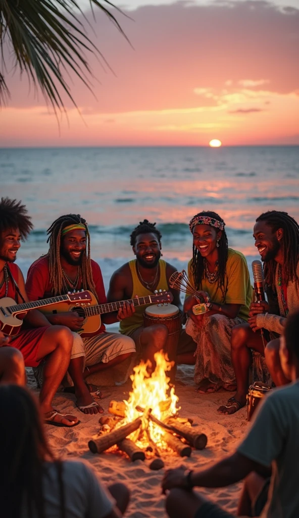 Create a 2 man who looks like a drug addict on the beach having fun with hippies and singing around a campfire