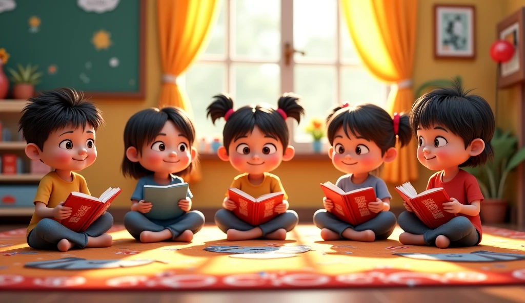 An ultra-realistic 3D image of a group of diverse students, aged 10 to 18, wearing school uniforms consisting of white shirts and blue pants. The students are gathered outdoors in a bright, inviting setting, captured in a joyful moment of interaction, such as laughing, talking, and engaging in activities like reading or playing. The characters have highly detailed, lifelike features, with natural skin textures and expressions, and the uniforms are rendered with realistic fabric textures. The background includes subtle decorations, such as banners and posters promoting Statewide Student Week. The scene is presented in 8K resolution, ideal for a compelling and professional promotional campaign."
