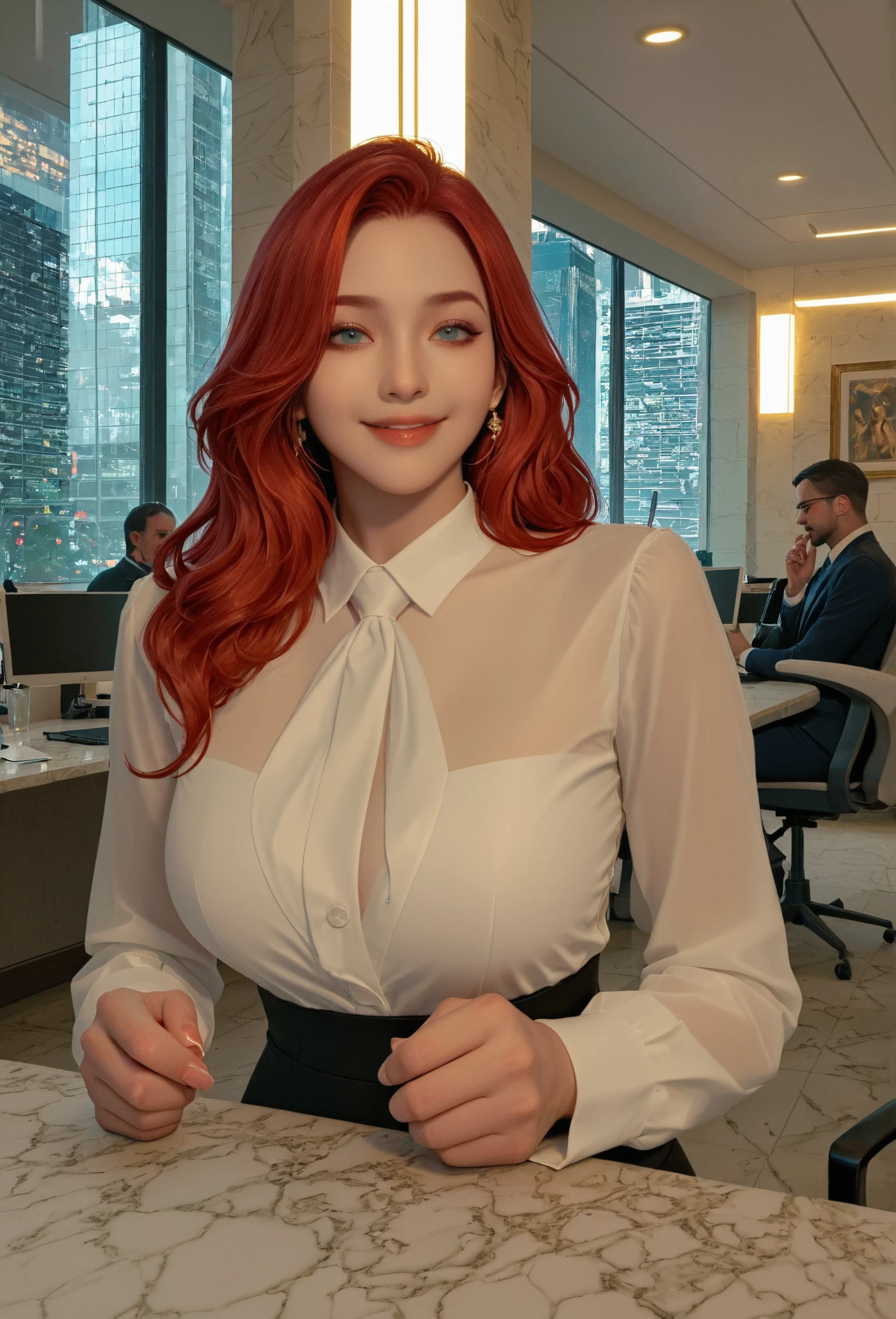 sexy adult ariel (the little mermaid) with her red hair, wearing a professional black business suit romper and sitting on a large desk