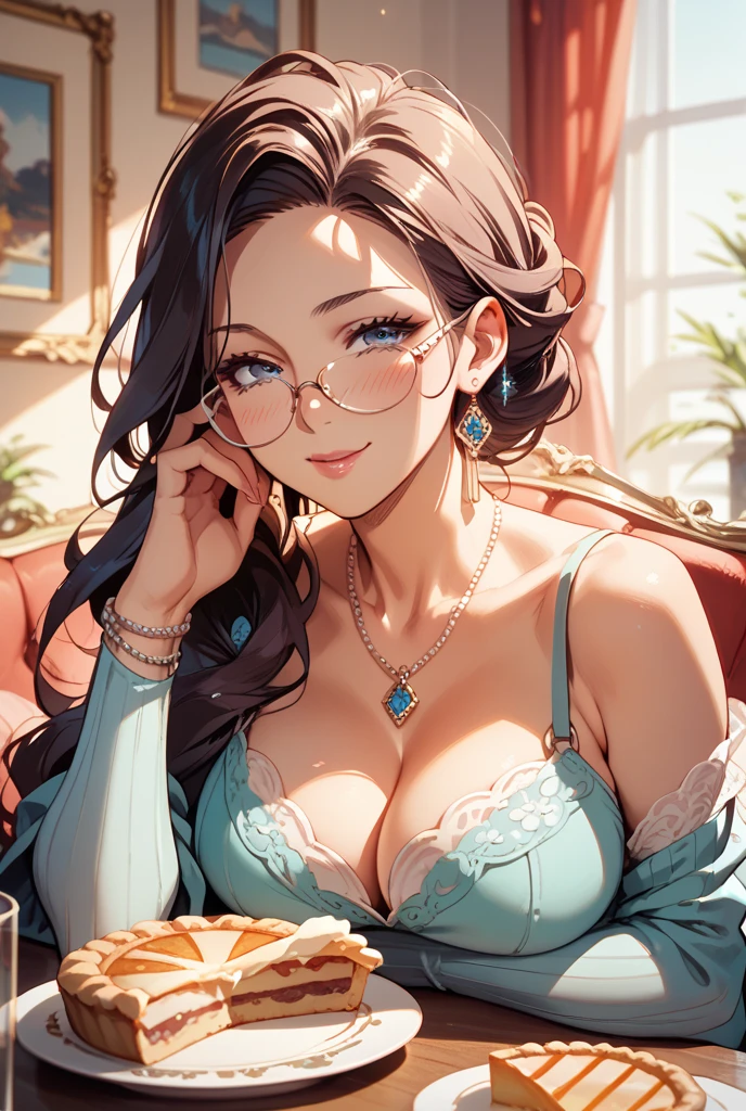 A beautiful marure woman, big jhumka earrings, breasts, diamond necklace, long necklaces, makeup, big earrings, red lipstick, kurti, pajama, dupatta, medium hair, blue eyes, cleavage, (best quality,4k,8k,highres,masterpiece:1.2),ultra-detailed,(realistic,photorealistic,photo-realistic:1.37),highly detailed portrait, intricate details, exquisite skin texture, dramatic lighting, cinematic composition, vivid colors, warm color palette, bracelet, nail polish,long nails, bangles,thin waist,long legs, aesthetic glasses,big breasts
