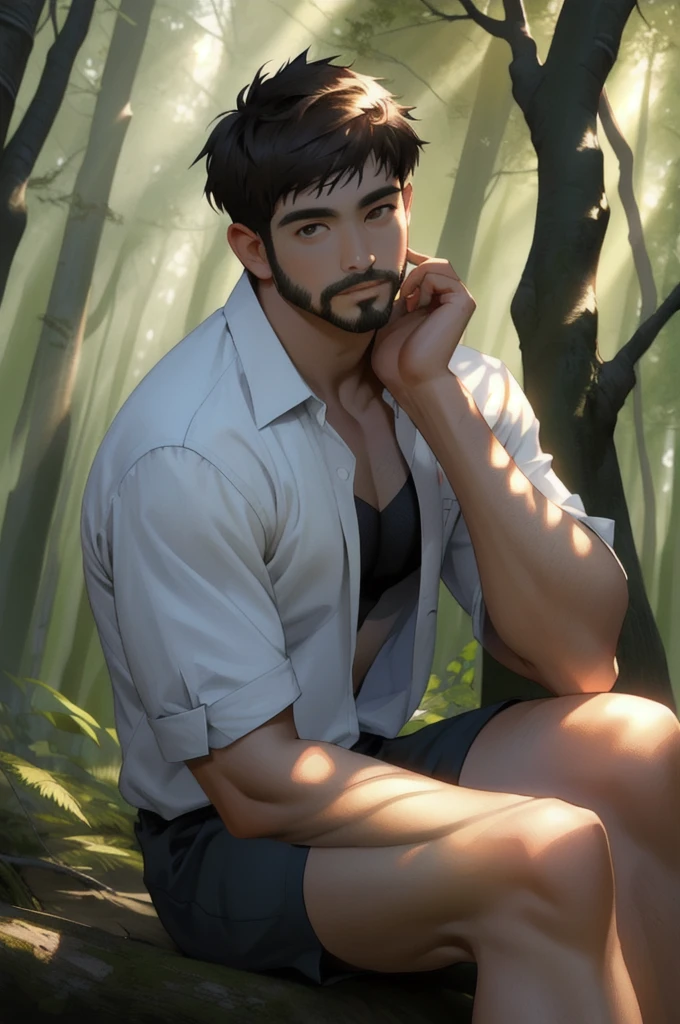 Handsome, brunet, serious, agitated, erect, white cotton socks, lantern, forest, night, full moon, armpit hair, leg hair, pubic hair, chest hair