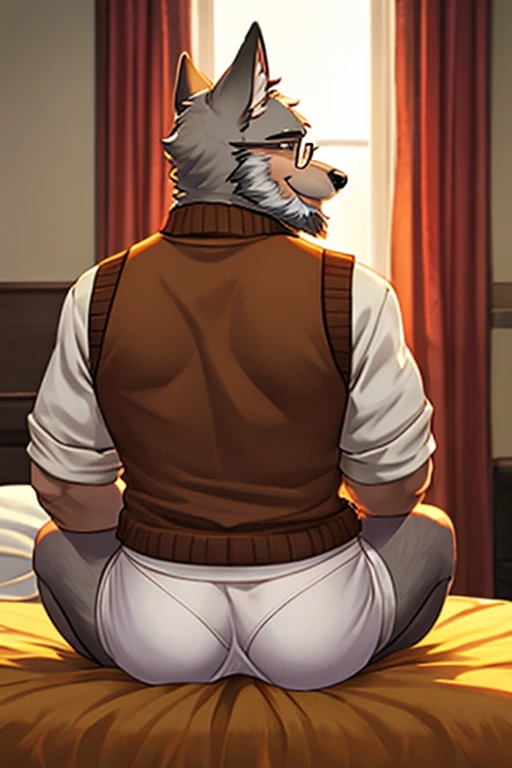 owen lorelei, muscular male, purple eyes, smile, (pose:1.3), (posing:1.3), (soft shading), 4k, hi res, ((detailed face(mad), detailed)), ((full body))), by zackarry911, by zaush, (by personalami:0.5), jacket, brown jacket, white sleeves, bottomless, no pants, sitting on a chair, NSFW, big long penis,((5 inch long)),((25 inch wide)), big balls,POV