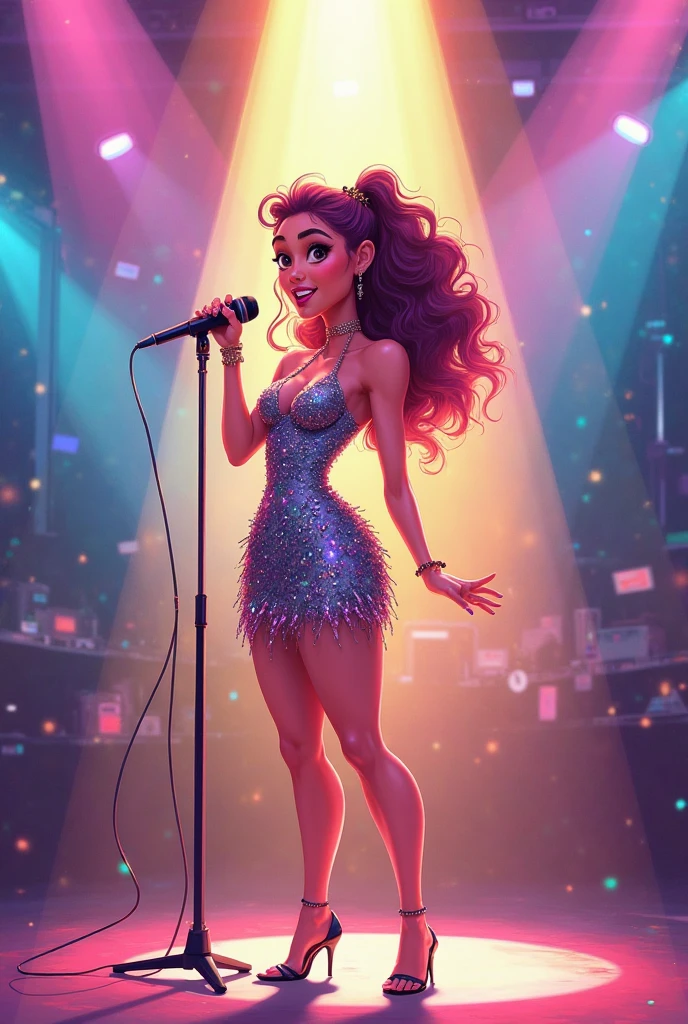 woman wearing rainbow dress, 1girl, gloves Peach, Black dress, (puffy lips:0.9), (puffy lips:0.9), facing viewer, looking at viewer, private press, hologram, blue hair, earrings, eyeshadow, holding, holding microphone, jewelry, lips, lipstick, long hair, makeup, microphone, necklace, solo, upper body, lights