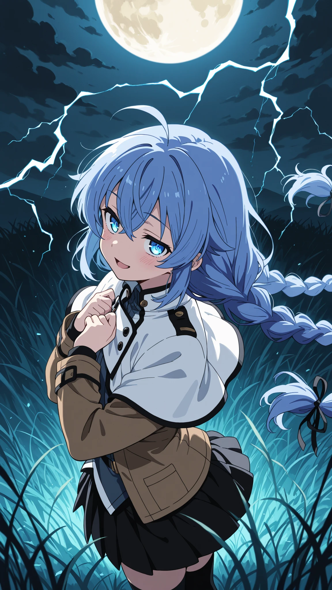 BREAK (masterpiece:1.2), best quality, high resolution, unity 8k wallpaper, (illustration:0.8), (beautiful detailed eyes:1.6),wide open field under a massive glowing full moon, dark swirling storm clouds in the sky, tall grass bending in strong wind, tension in the atmosphere, distant lightning behind clouds, dramatic and surreal lighting, high contrast shadows, cinematic scenery,roxy, ahoge, black ribbon, blue eyes, blue hair, braid, hair between eyes, hair ribbon, long hair, twin braids, very long hair,,black legwear, black skirt, capelet, jacket, brown jacket, long sleeves, miniskirt, open clothes, open jacket, pleated skirt, skirt, white capelet, white footwear, white jacket,,blush, seductive expression,floating hair,looking at viewer,cowboy shot,sexy pose,arched back,from above,smile,open mouth