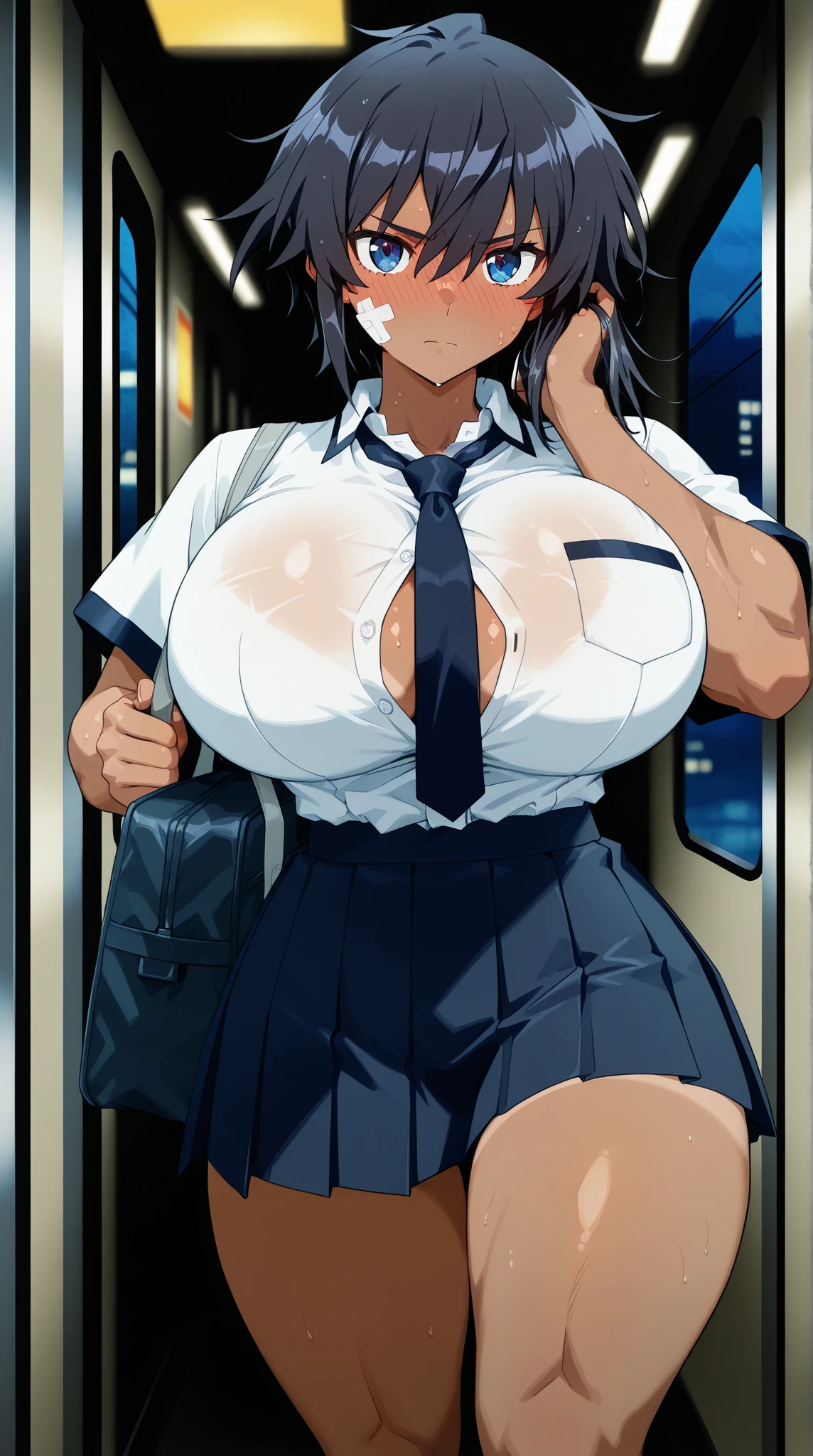 masterpiece, Highest quality,alone, (Detailed face), Ran Mouri , Curved body, Huge breasts,from the front,Sweaty, Embarrassing,mini skirt、Miniskirt Police、Spread your legs、白いpanties、(panties、 white ),Earrings, Elbow hand pockets, tie , Are standing,Police hat,On the street,View your viewers, Cowboy Shot, Thighs, Wide Hips, Knee socks 、Nipplesが見えている、Nipples、Topless、Topless