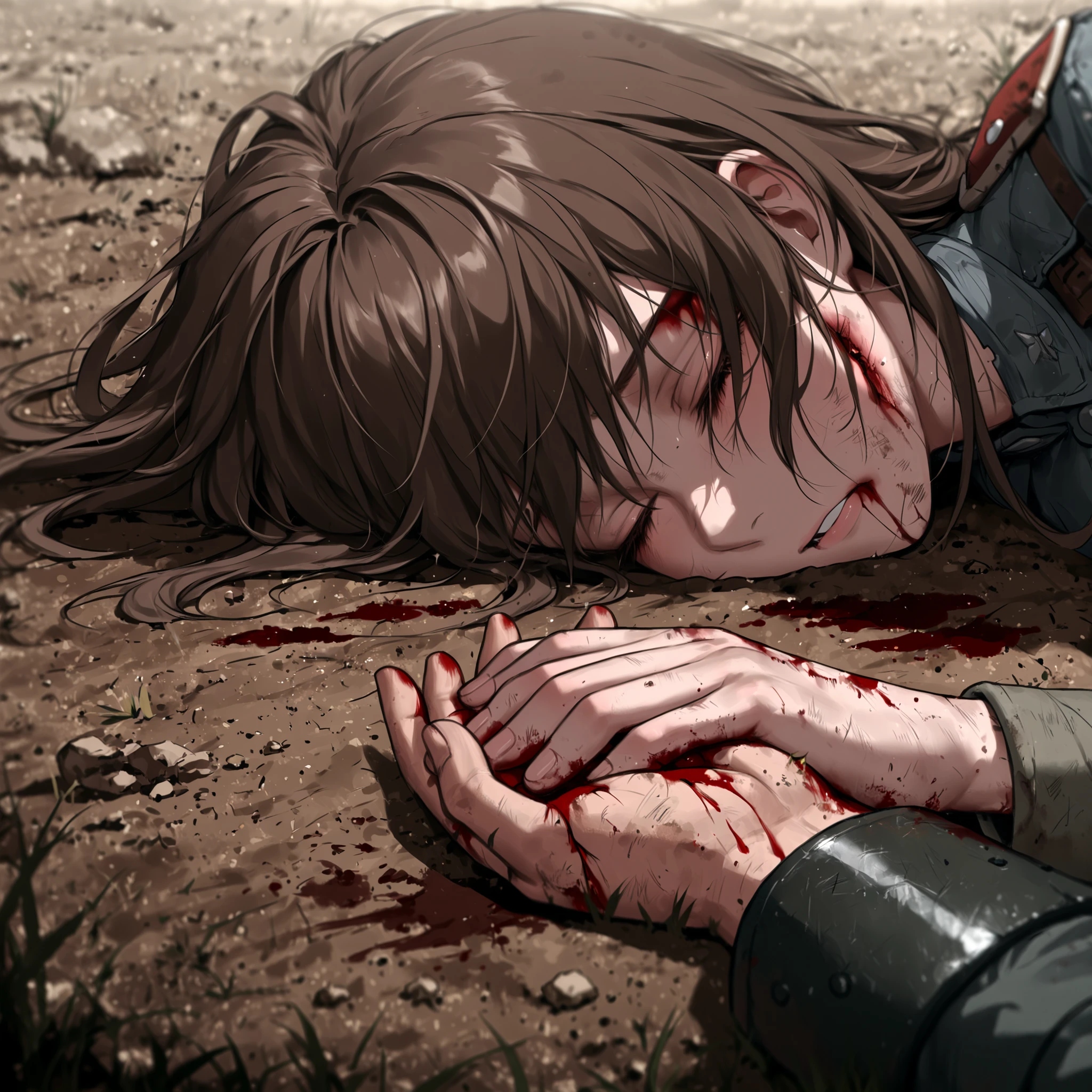 At the school, a young woman was curled up on the ground, covered with wounds and bruises. Her long hair was scattered messily across her face, covering her eyes. She was wearing a shabby outfit stained with dirt and blood. The girl's face was full of pain and despair, her brows furrowed, and her lips trembled slightly.