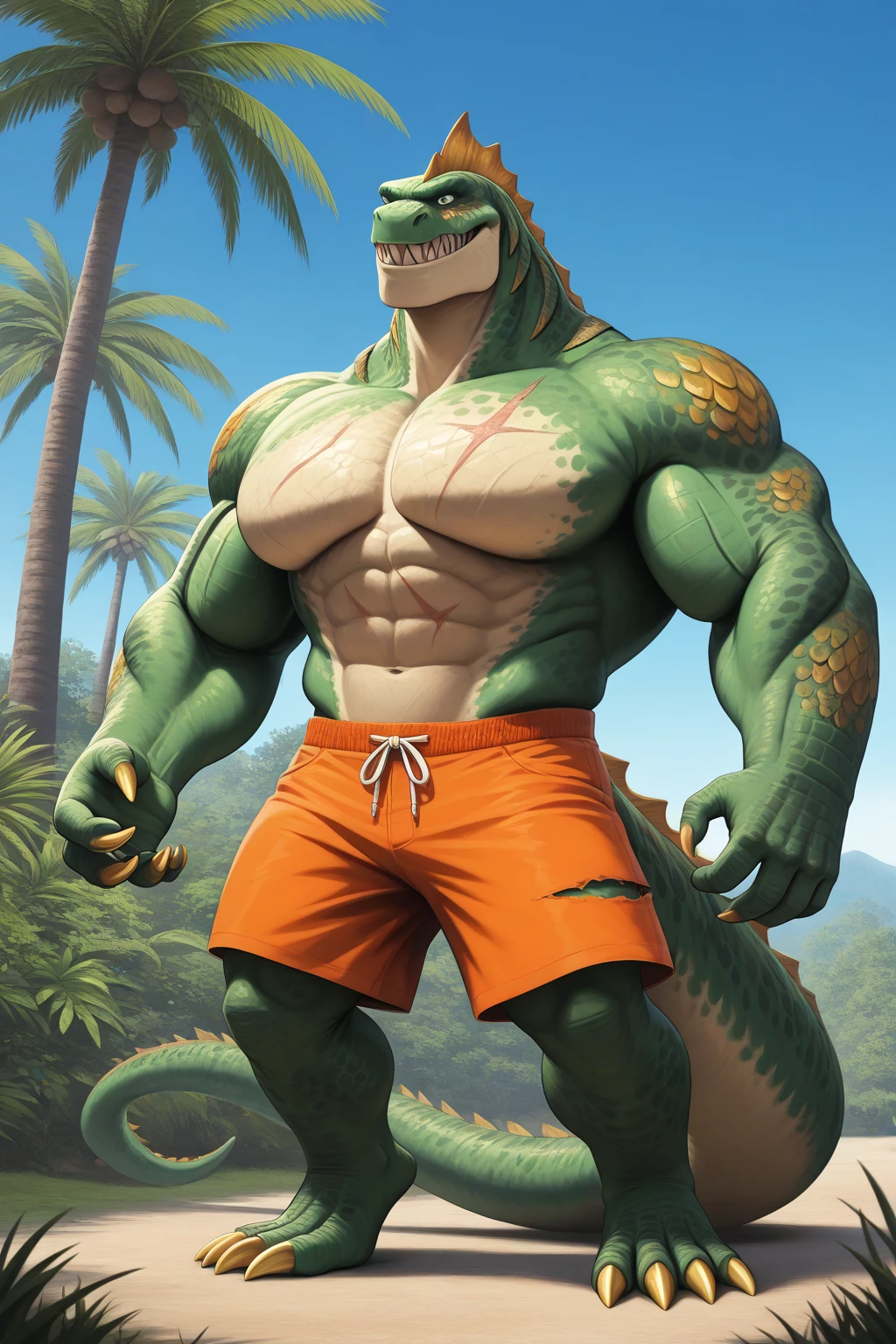 A muscular, sexy male green dragon sits on the sandy beach, his large bulge accentuated by the tight-fitting Speedo he wears. The sun sets behind him, casting a warm, high-quality glow over his scaled body. His piercing eyes gleam with a seductive grin as he ponders his next move, NSFW intentions hidden in his expression. By chunie, in stunning detail and vibrant colors.