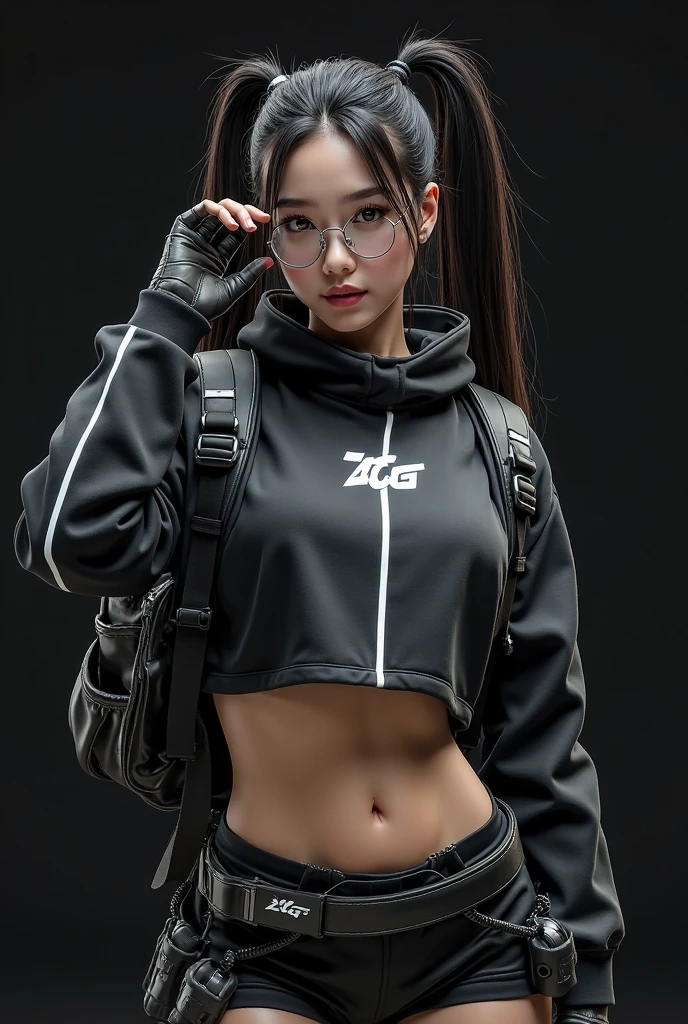 14-year-old girl,stop on a bridge with a river in the background, Ropa de senderismo, negro, photograph of a techwear woman, Ropa negra casual, con una sudadera con capucha negra, inspirado por Ion Andreescu, Ropa negra, Ropa deportiva, Ropa negra, wearing a track suit, Ropa vestida de negro, Imagen de perfil, con una sudadera con capucha negra