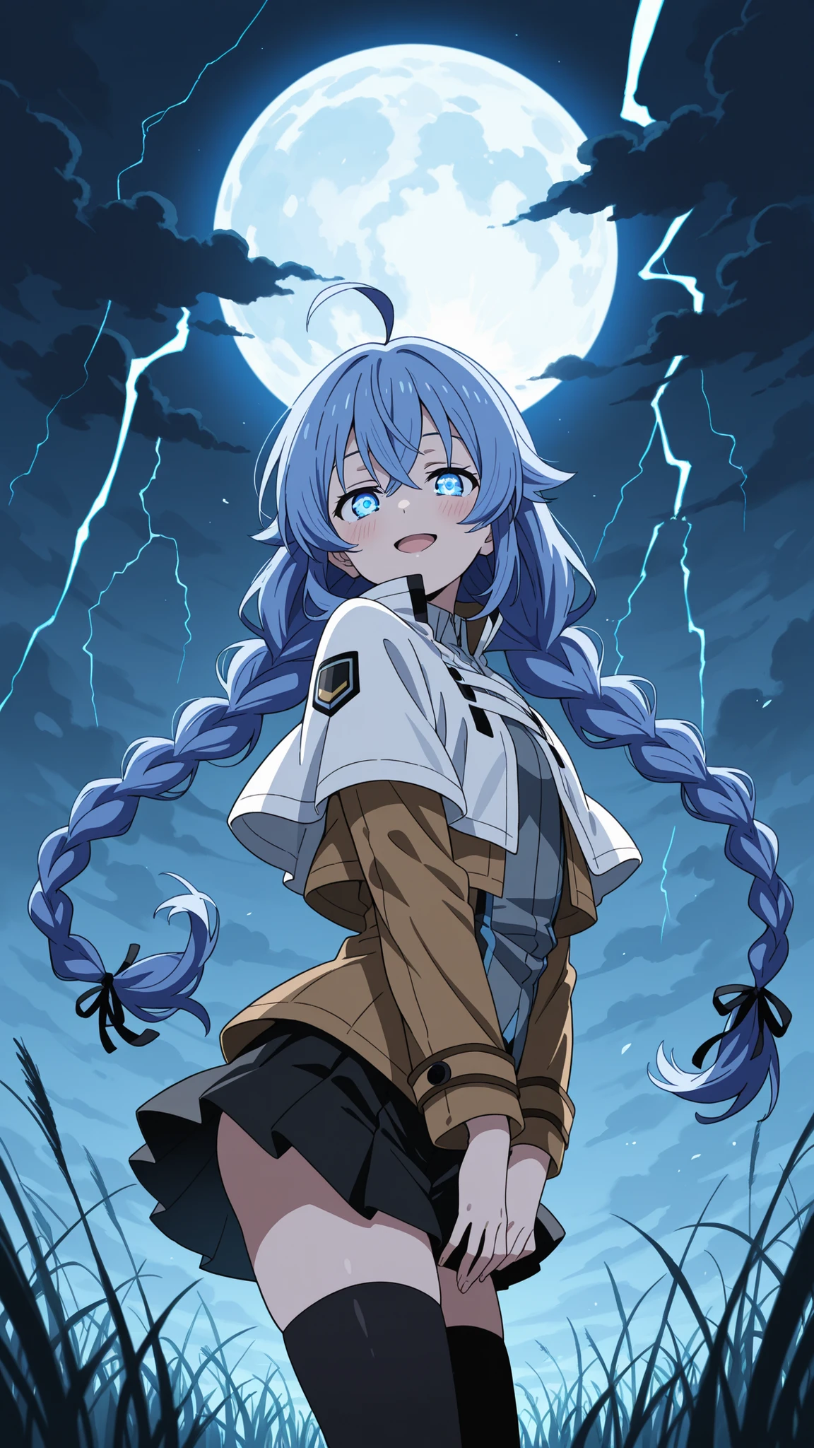 BREAK (masterpiece:1.2), best quality, high resolution, unity 8k wallpaper, (illustration:0.8), (beautiful detailed eyes:1.6),wide open field under a massive glowing full moon, dark swirling storm clouds in the sky, tall grass bending in strong wind, tension in the atmosphere, distant lightning behind clouds, dramatic and surreal lighting, high contrast shadows, cinematic scenery,roxy, ahoge, black ribbon, blue eyes, blue hair, braid, hair between eyes, hair ribbon, long hair, twin braids, very long hair,,black legwear, black skirt, capelet, jacket, brown jacket, long sleeves, miniskirt, open clothes, open jacket, pleated skirt, skirt, white capelet, white footwear, white jacket,,blush, seductive expression,floating hair,looking at viewer,cowboy shot,sexy pose,arched back,from below,smile,open mouth
