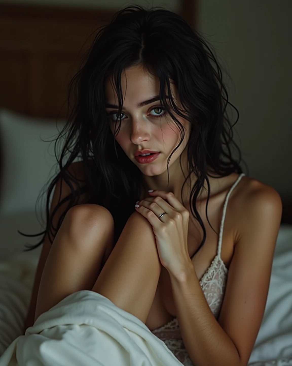 The girl is sitting on the bed in her bra and looks with a surprised face