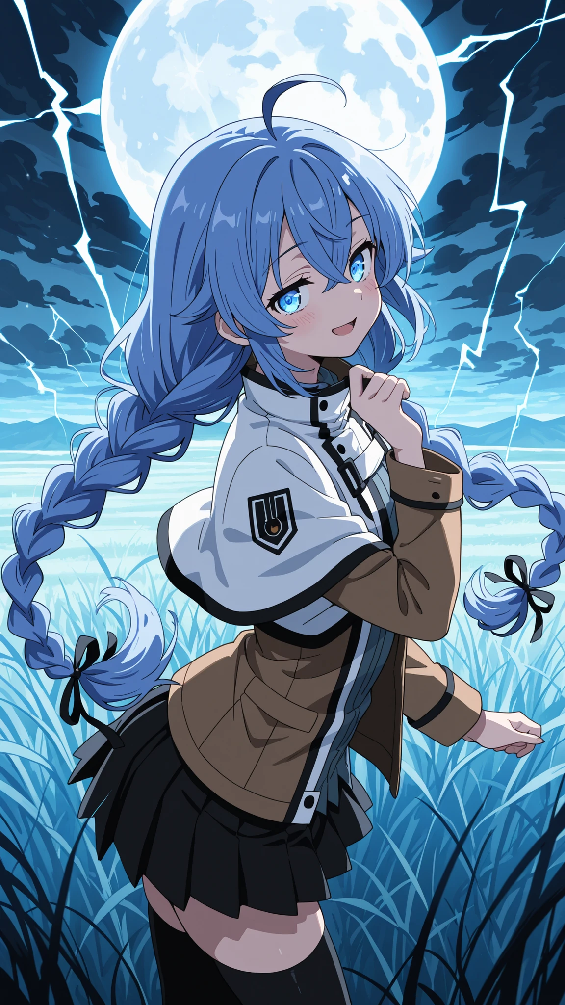BREAK (masterpiece:1.2), best quality, high resolution, unity 8k wallpaper, (illustration:0.8), (beautiful detailed eyes:1.6),wide open field under a massive glowing full moon, dark swirling storm clouds in the sky, tall grass bending in strong wind, tension in the atmosphere, distant lightning behind clouds, dramatic and surreal lighting, high contrast shadows, cinematic scenery,roxy, ahoge, black ribbon, blue eyes, blue hair, braid, hair between eyes, hair ribbon, long hair, twin braids, very long hair,,black legwear, black skirt, capelet, jacket, brown jacket, long sleeves, miniskirt, open clothes, open jacket, pleated skirt, skirt, white capelet, white footwear, white jacket,,blush, seductive expression,floating hair,looking at viewer,cowboy shot,sexy pose,arched back,from above,smile,open mouth