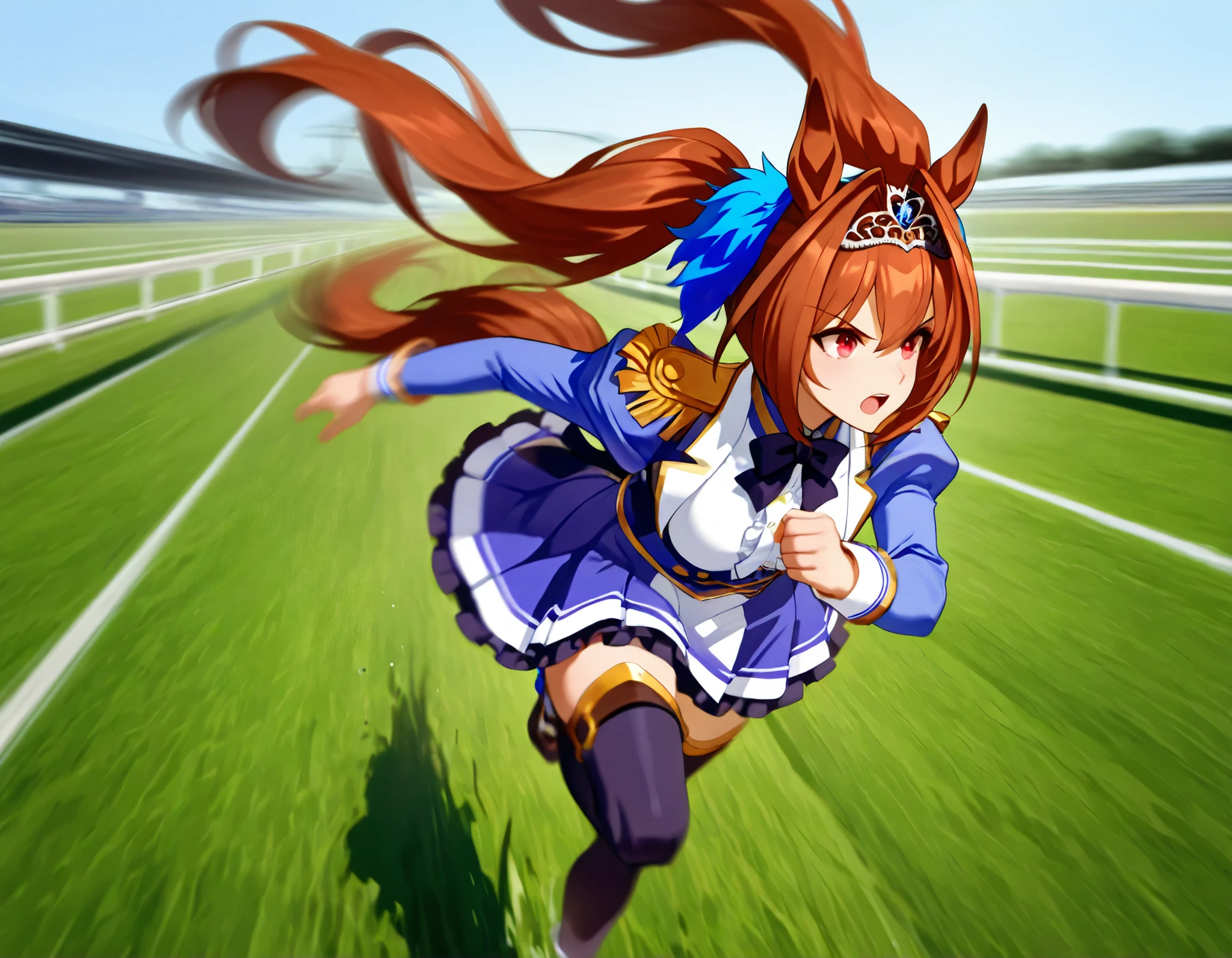 , Highest Quality, very high resolution, ((dynamic pose, motionblur, some background blur, the anime girl is running, intoxicatingly blurry)),
daiwadef, twintails, tiara, horse ears, underbust, center frills, red eyes, bowtie, epaulettes, long sleeves, skirt, thighhighs, horse tail, ((grass horse race tracks)),