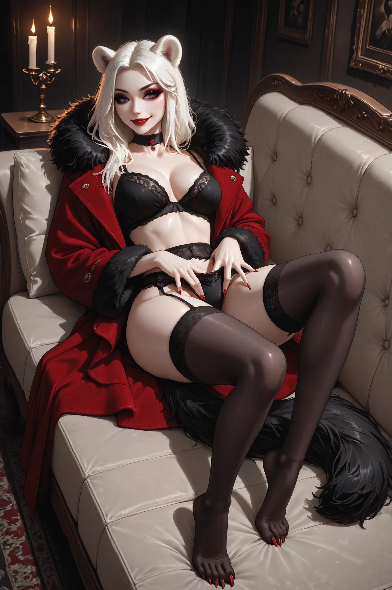 girl portrait photography, realistic, High resolution, 1 female, alone, Upper body, beautiful eyes, Close your lips, detailed face, gray hair, long hair, collared shirt, black tie,black skirt, pencil skirt, fur coat, stockings,(Black lace panties are visible)